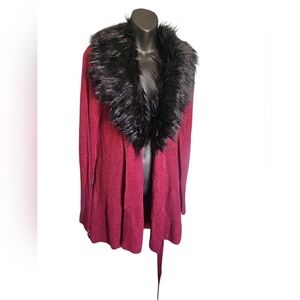 Thalia Sodi Red and Black Cardigan with Faux Fur Trim